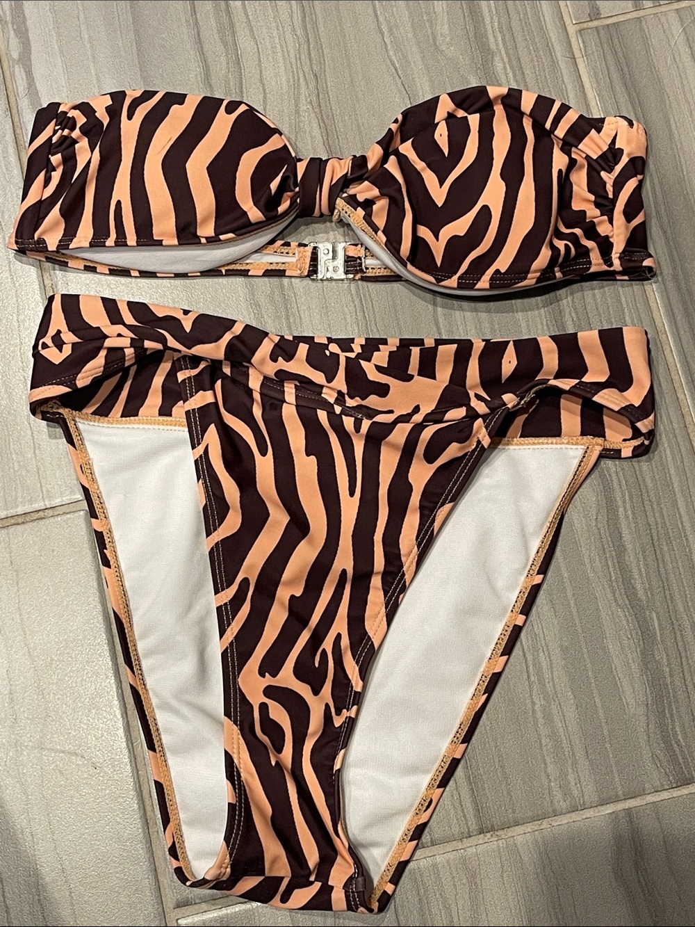 Nasty Gal Peach & Dark Brown Zebra-Print Strapless Bikini